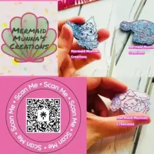 Pink collage showing sparkly Sanrio character charms, Mermaid Munna's Creations logo, and QR code.