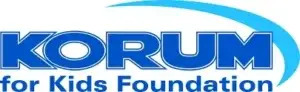 KORUM for Kids Foundation logo. Blue text with a curved blue swoosh above.