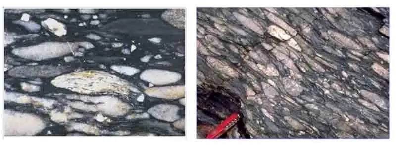 Lineation given by elongated or stretched pebbles