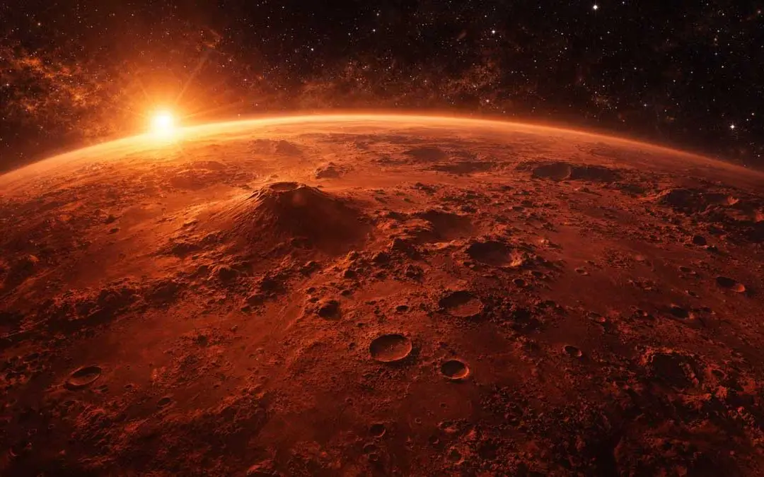 Mars planet red dusty surface with craters