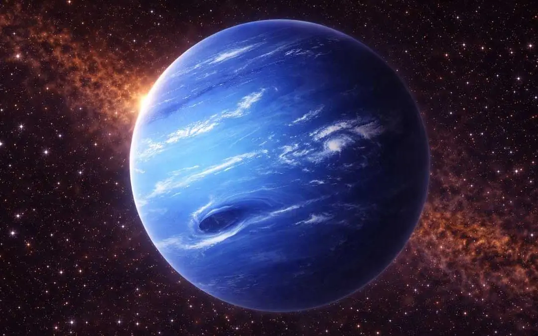 Neptune planet deep blue color with strong storms