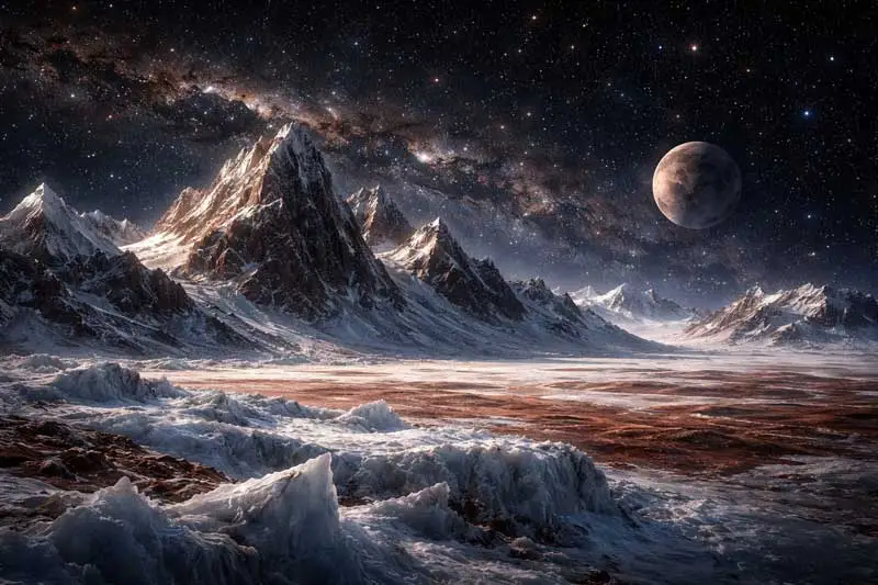 Surface of Pluto dwarf planet showing icy mountains
