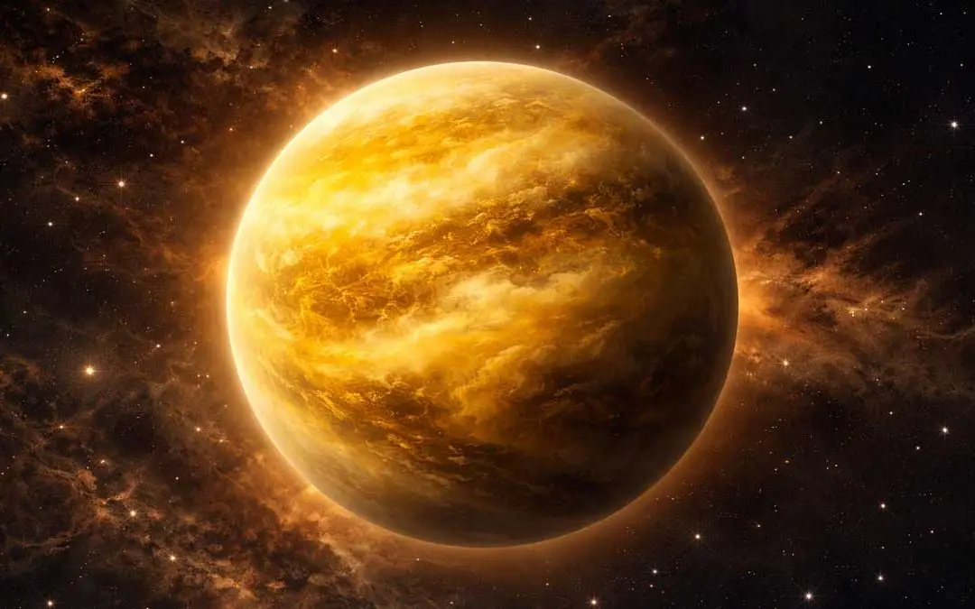 Venus planet covered with thick yellow clouds in space