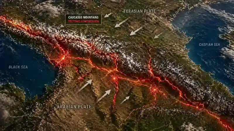 Caucasus mountains tectonic compression