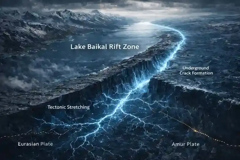 Lake Baikal rift zone tectonic stretching.