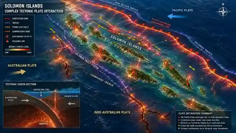 Solomon Islands complex tectonic plate interaction