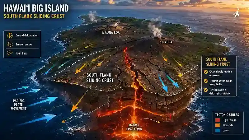 Hawaii Big Island south flank sliding crust