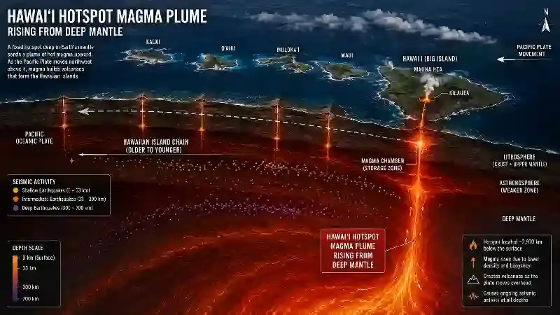 Hawaii hotspot magma plume rising from deep mantle