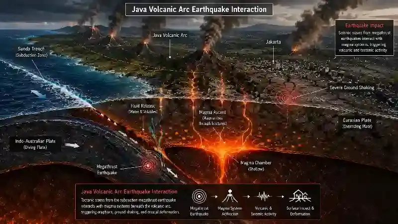Java volcanic arc earthquake interaction