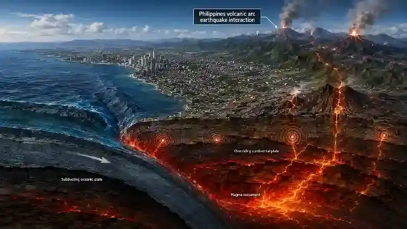 Philippines volcanic arc earthquake interaction