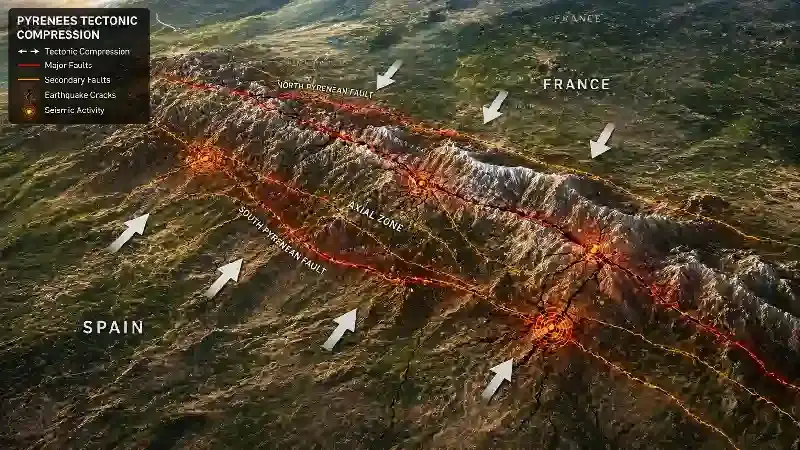 Pyrenees mountains Spain tectonic compression