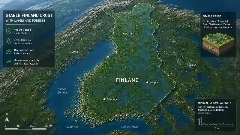 Stable Finland crust with lakes and forests