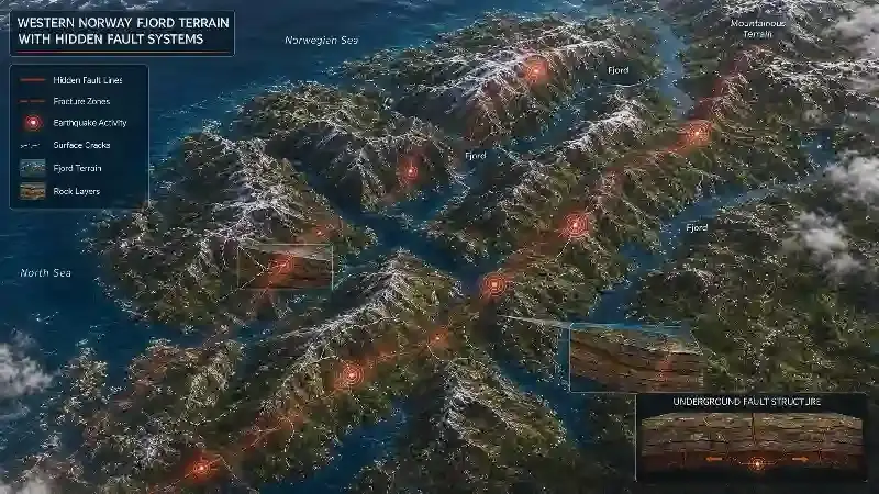 Western Norway fjord terrain with hidden fault systems