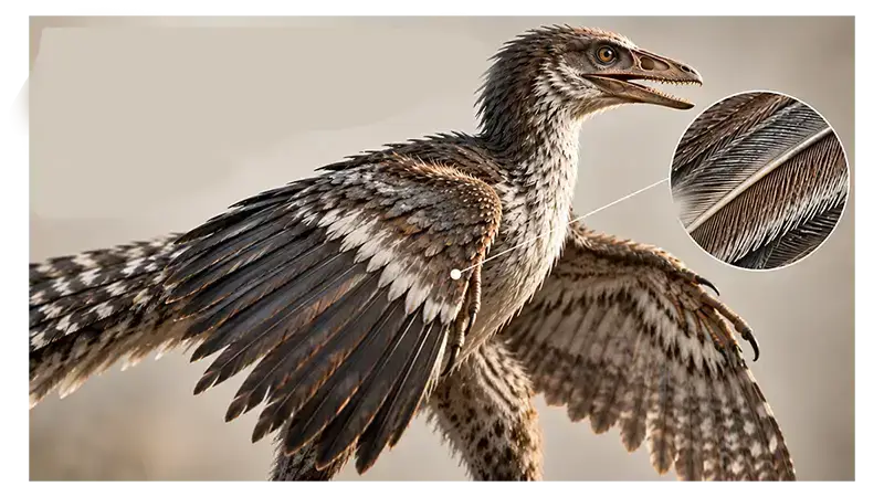 Archaeopteryx with detailed flight feathers and feathered body