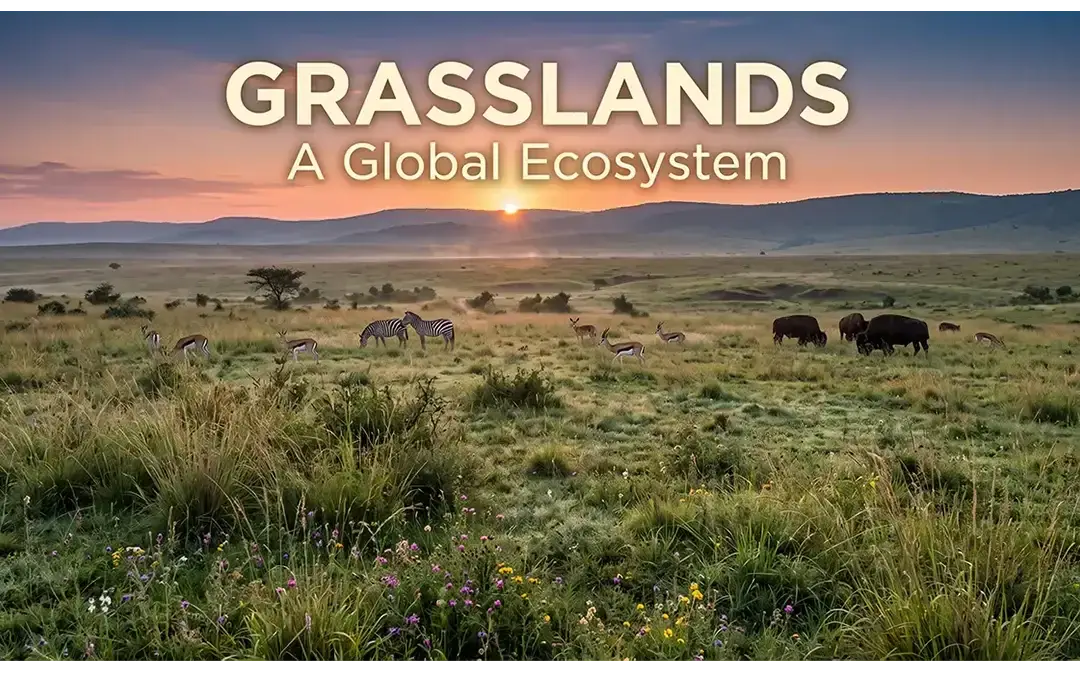 Grassland ecosystem with diverse grasses, wildlife, and open natural landscape