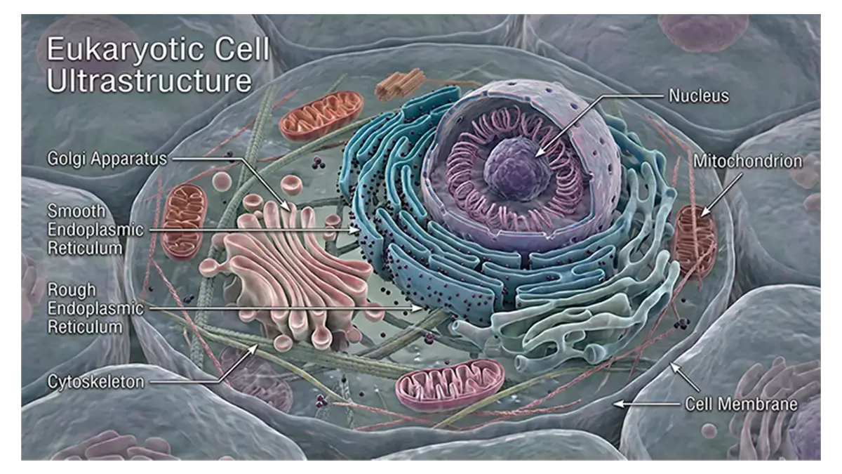 Detailed eukaryotic cell showing its membrane, nucleus, cytoplasm, and internal structures
