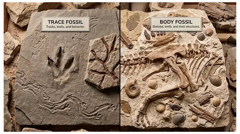 Comparison of trace fossils showing footprints and burrows with body fossils preserving bones, teeth, and shells