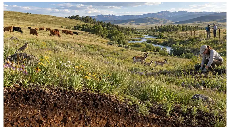 Grassland conservation through habitat restoration, sustainable grazing, wildlife corridors, and native plants