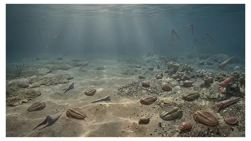 Changing Cambrian marine ecosystem showing environmental transition and declining Cambrian organisms