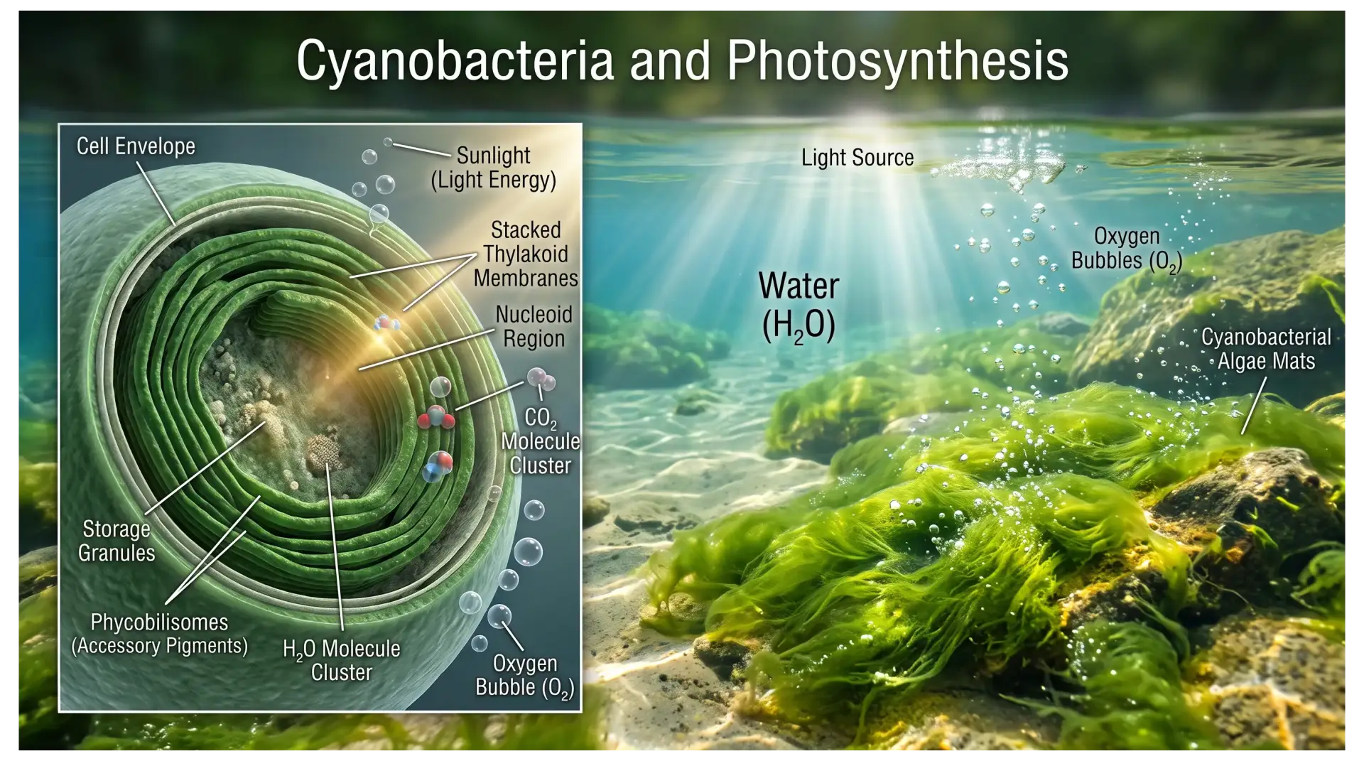 Cyanobacteria using sunlight for oxygenic photosynthesis and releasing oxygen into the surrounding water