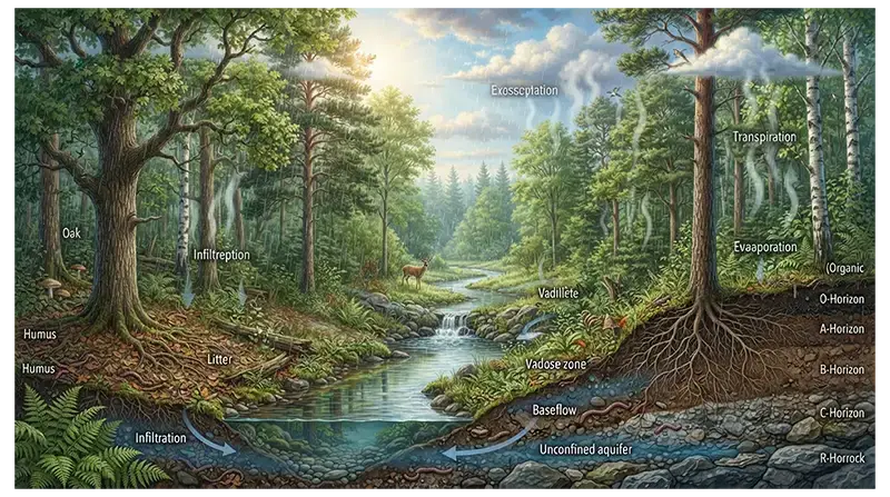 Forest roots, soil, rainfall, stream water, and trees influencing water and climate