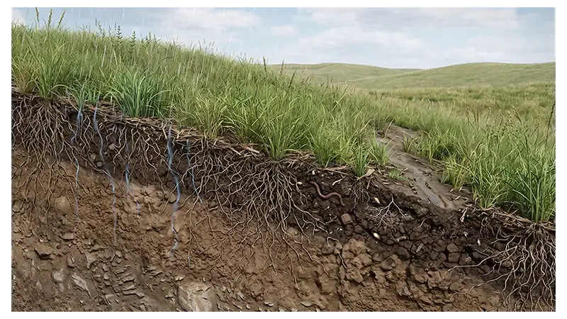 Grassland roots improving soil structure, water infiltration, and erosion control