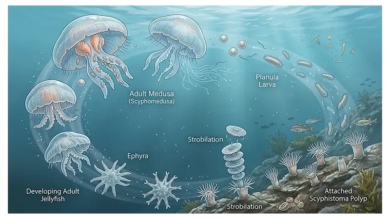 Scyphozoan life cycle showing planula, scyphistoma polyp, strobilation, ephyra, and adult medusa stages