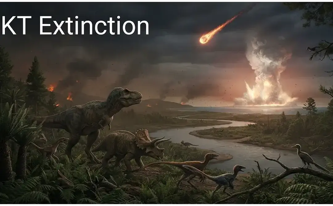 KT Extinction showing dinosaurs, asteroid impact, environmental changes, and surviving birds