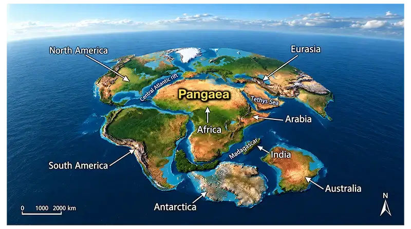 Pangaea reconstruction showing the continents joined together as a large ancient supercontinent surrounded by ocean
