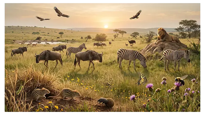 Grassland animals including herbivores, predators, birds, rodents, and insects