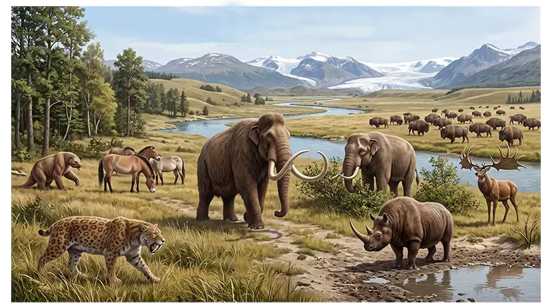 Pleistocene animals including woolly mammoth, mastodon, saber-toothed cat, and giant ground sloth