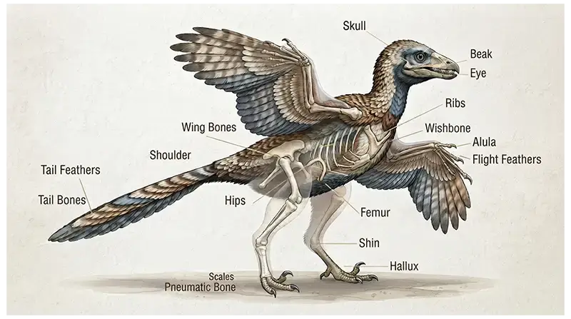 Feathered avian dinosaur showing wings, feathers, tail, and theropod features