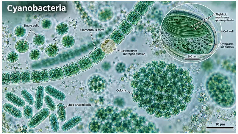 Microscopic cyanobacteria showing unicellular, colonial, and filamentous forms
