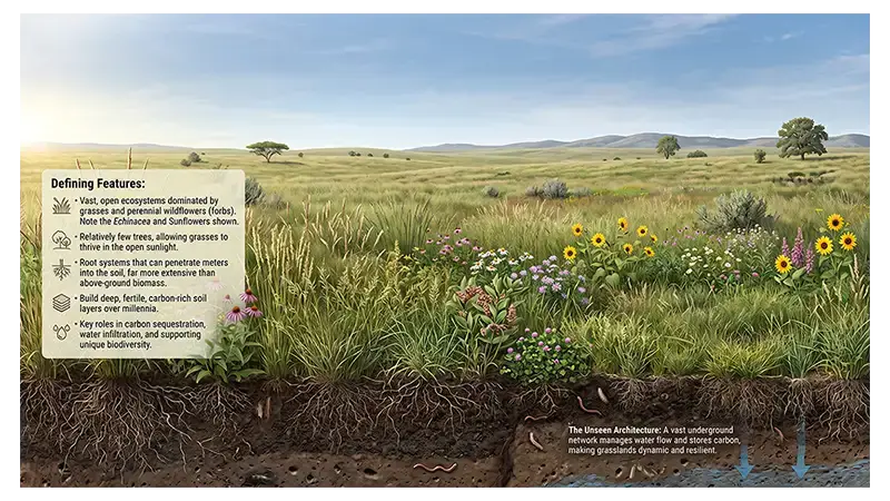 Open grassland ecosystem dominated by grasses and herbaceous plants with few trees