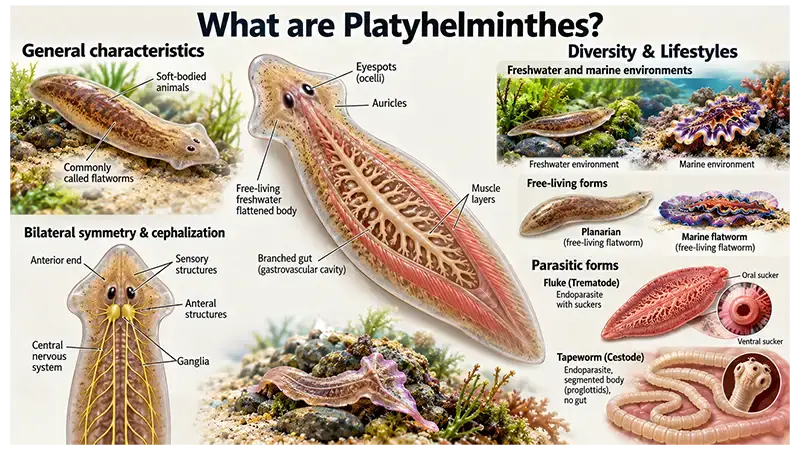 Platyhelminthes showing a free-living planarian, fluke, and tapeworm representing diverse flatworm forms