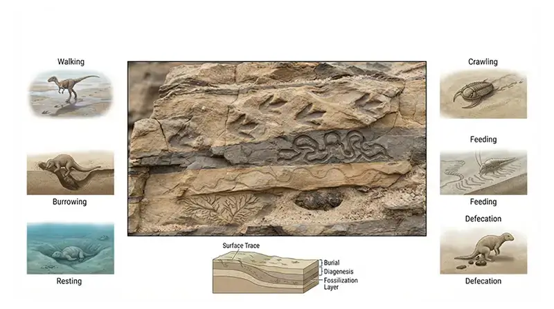 Trace fossils showing dinosaur footprints, animal burrows, trails, feeding marks, and other evidence of ancient biological activity