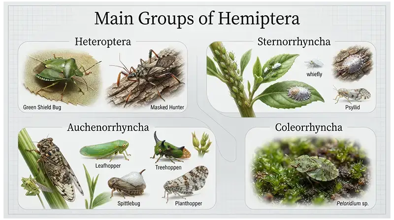 Major Hemiptera groups including Heteroptera, Sternorrhyncha, Auchenorrhyncha, and Coleorrhyncha
