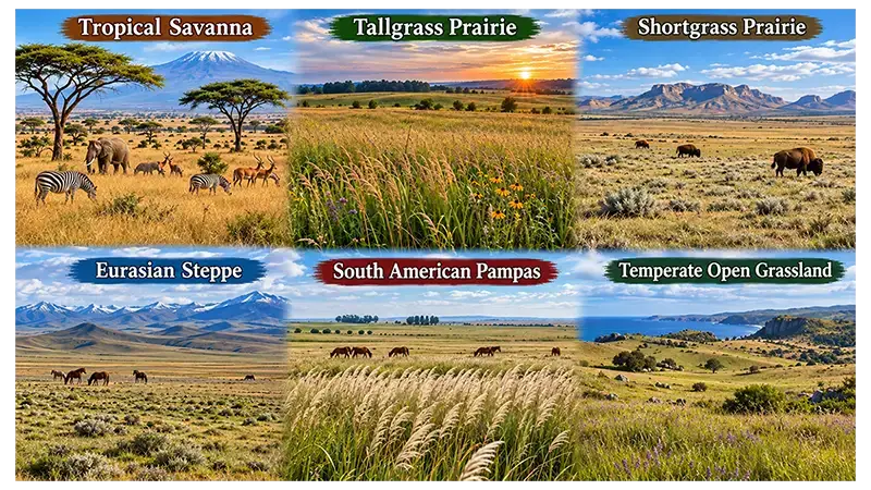 Major grassland types including tropical savanna, prairie, steppe, Pampas, and temperate grasslands