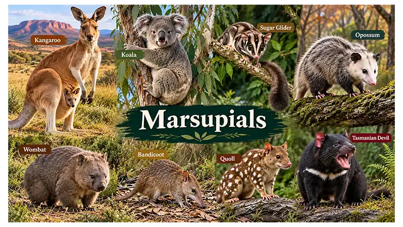 Different marsupials including kangaroo, koala, wombat, sugar glider, and opossum