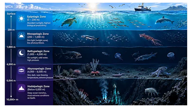 Major ocean zones from the sunlit surface to the deepest ocean trench