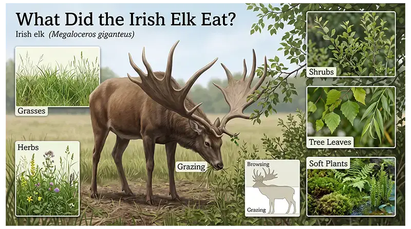 Irish elk feeding on grasses, herbs, shrubs, tree leaves, and other soft plant material