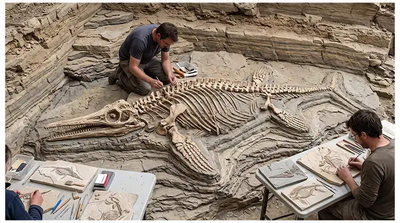 Ichthyosaurus fossil skeleton preserved in sedimentary rock with a paleontologist studying its bones
