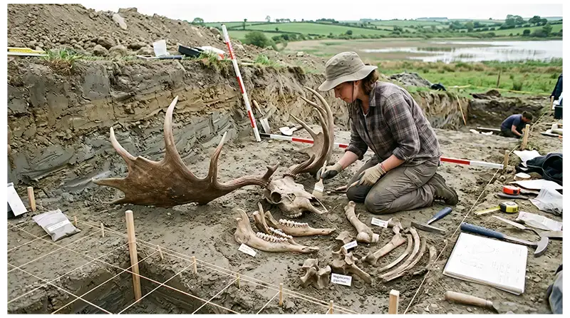 Paleontologist examining Irish elk skull, antler, teeth, and limb fossils preserved in sediment