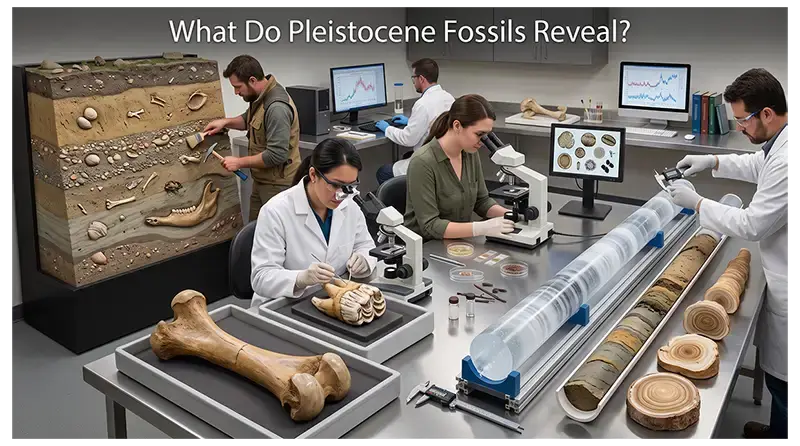 Pleistocene fossils, ice cores, sediments, pollen, and cave remains used to reconstruct ancient environments