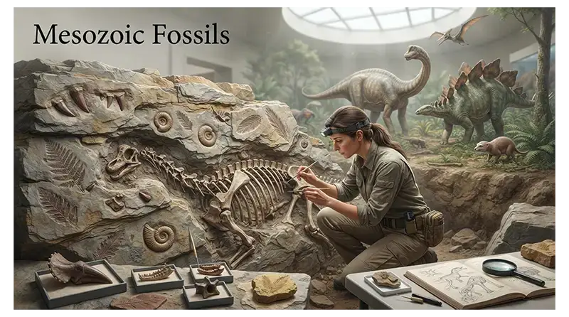 Paleontologist examining Mesozoic fossils including dinosaur bones, ammonites, fossil leaves, footprints, and feathers