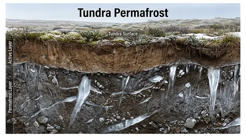 Tundra soil cross-section showing the active layer above permanently frozen permafrost