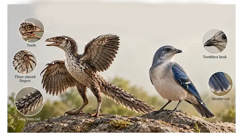 Archaeopteryx compared with a modern bird showing different features
