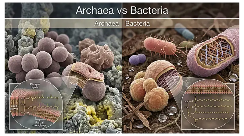 Archaea and bacteria showing differences in cell membranes, cell walls, and molecular structure