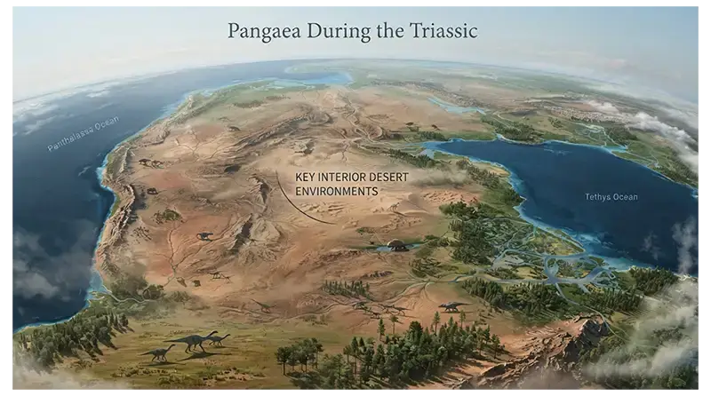 Pangaea during the Triassic with dry continental interiors, mountains, rivers, coastal regions, and surrounding oceans