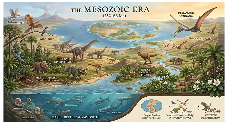 Mesozoic ecosystem showing dinosaurs, pterosaurs, marine reptiles, early birds, mammals, and ancient plants